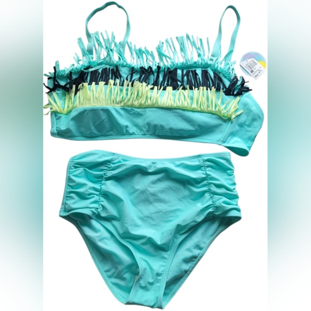 ISLAND SOUL Fringe Bikini Set in Aqua and Yellow/lime Top Size 1x Bottom Size M
